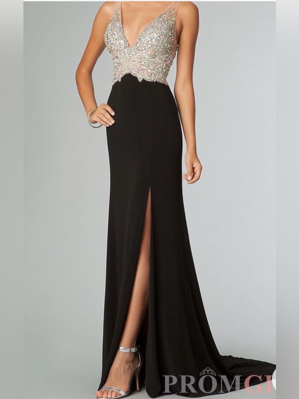 Jovani Black Gown with Beaded Champagne Bodice